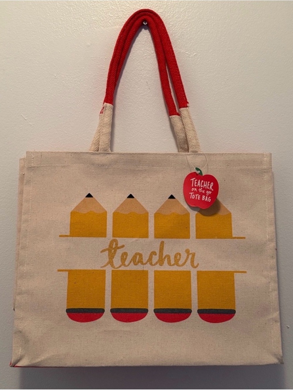 Teacher Canvas Tote Bag in Natural with Red and Yellow Accents